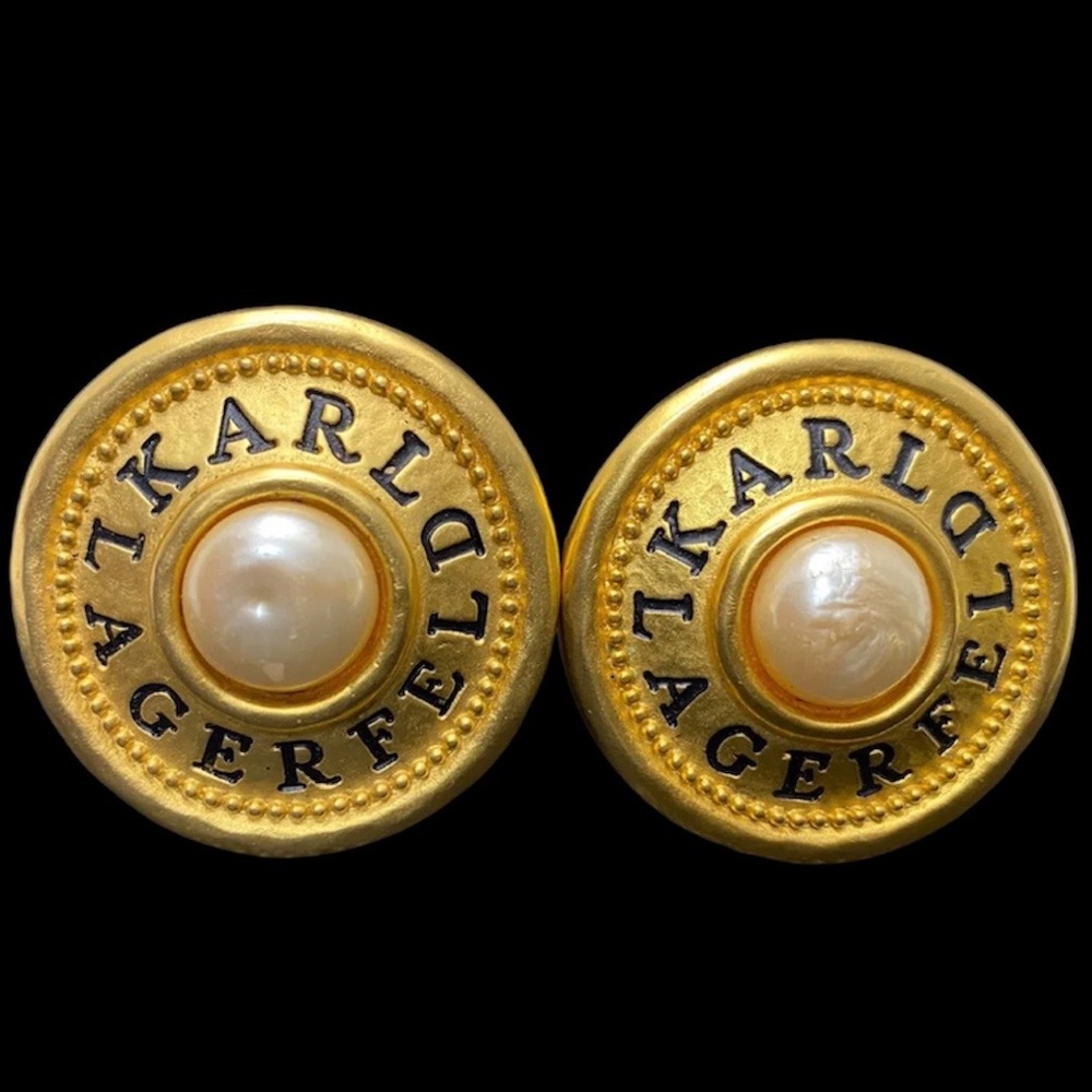 VTG Karl Lagerfeld Massive Logo Pearl Clip‎ Earrings